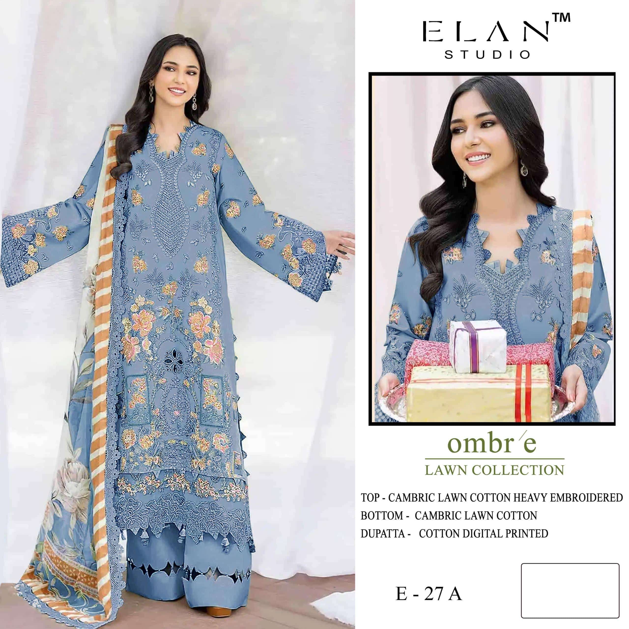 ELAN LAWN STUDIO E-27 A TO D SERIES CAMBRIC COTTON EMBROIDERY PAKISTANI SUIT-00011