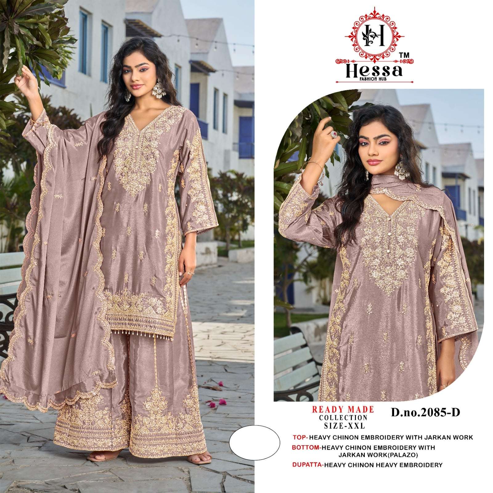 HESSA 2085 A TO D SERIES PAKISTANI CHINON EMBROIDERY STITCHED SUIT SET-00310