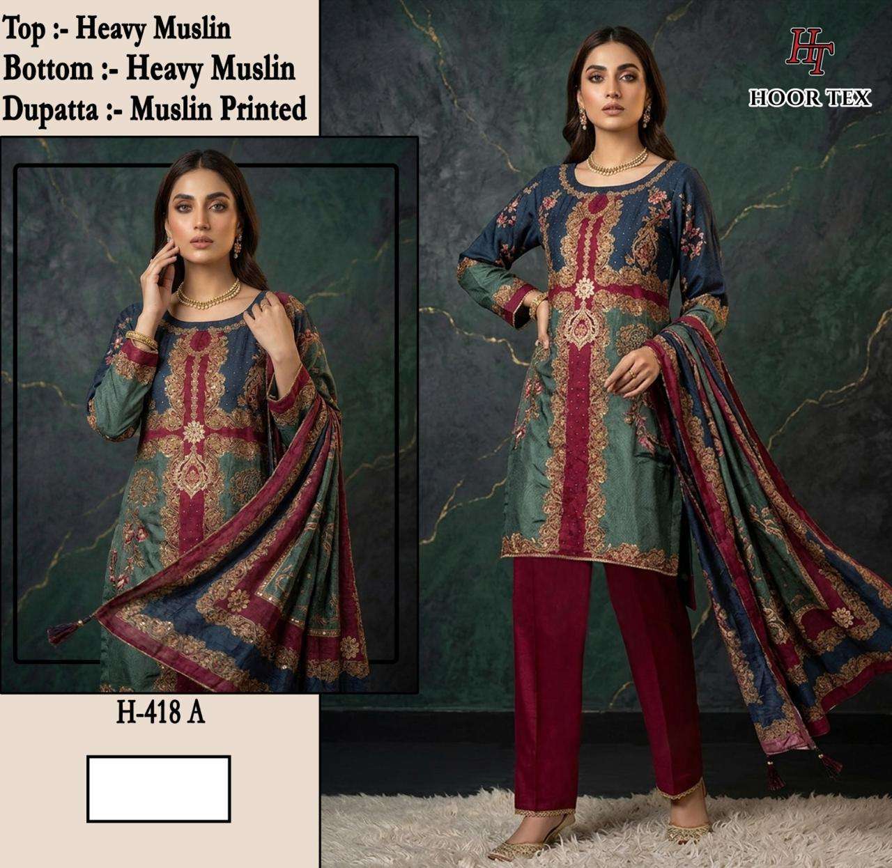 HOOR TEX H-418 A TO D SERIES MUSLIN EMBROIDERY PAKISTANI DRESSES-00020