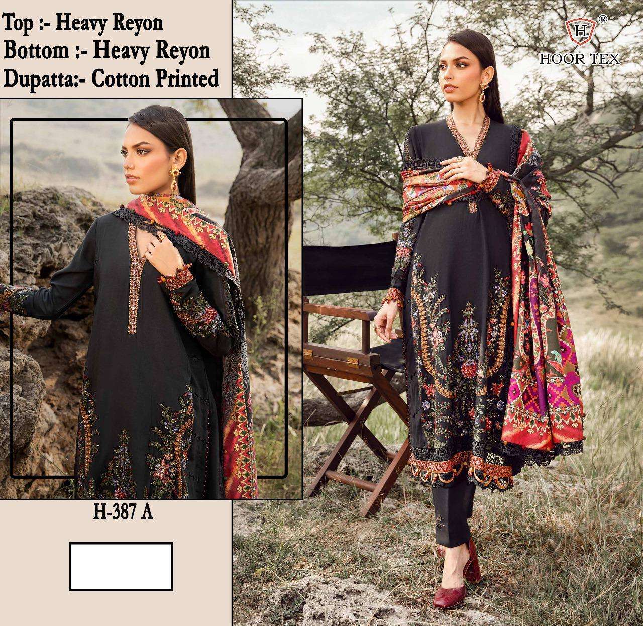 HOOR TEX HF-387 A TO  D SERIES RAYON PRINTED STITCHED PAKISTANI SUIT SET-00020
