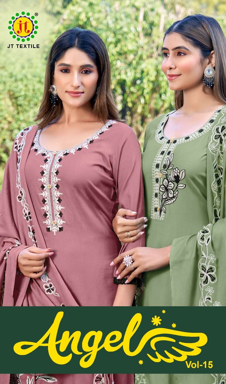 JT TEXTILE ANGEL VOL-15 15001 TO 15005 SERIES RAYON PRINTED UNSTITCHED DRESSES-00201
