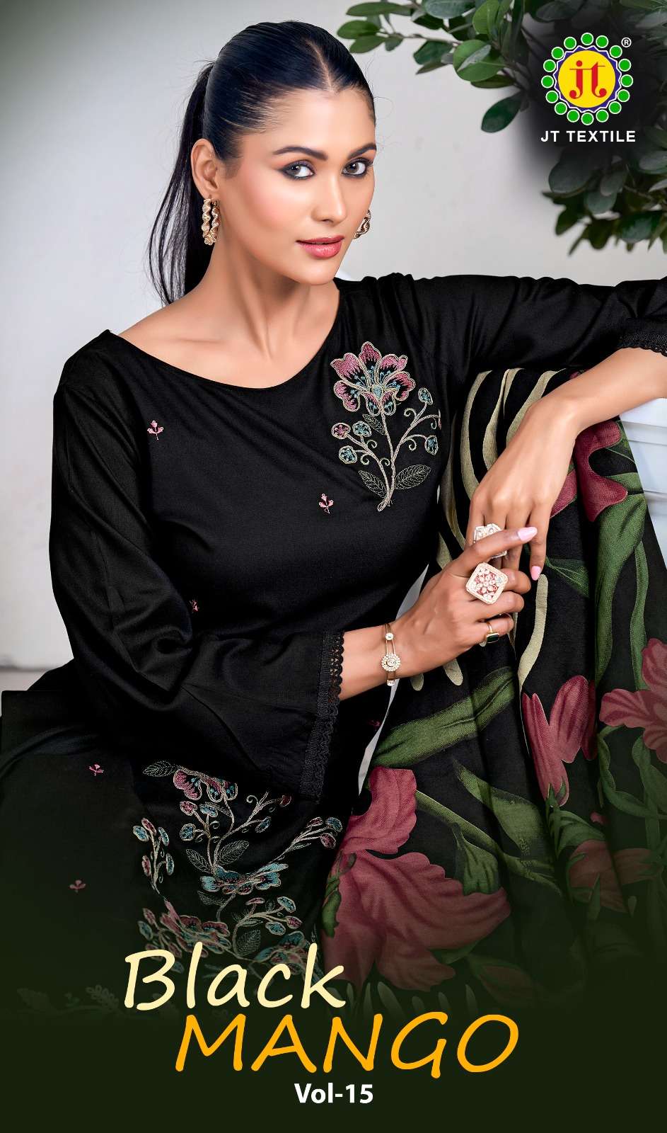 JT TEXTILE BLACK MANGO VOL-15 15001 TO 15005 SERIES RAYON PRINTED UNSTITCHED SUIT-00201