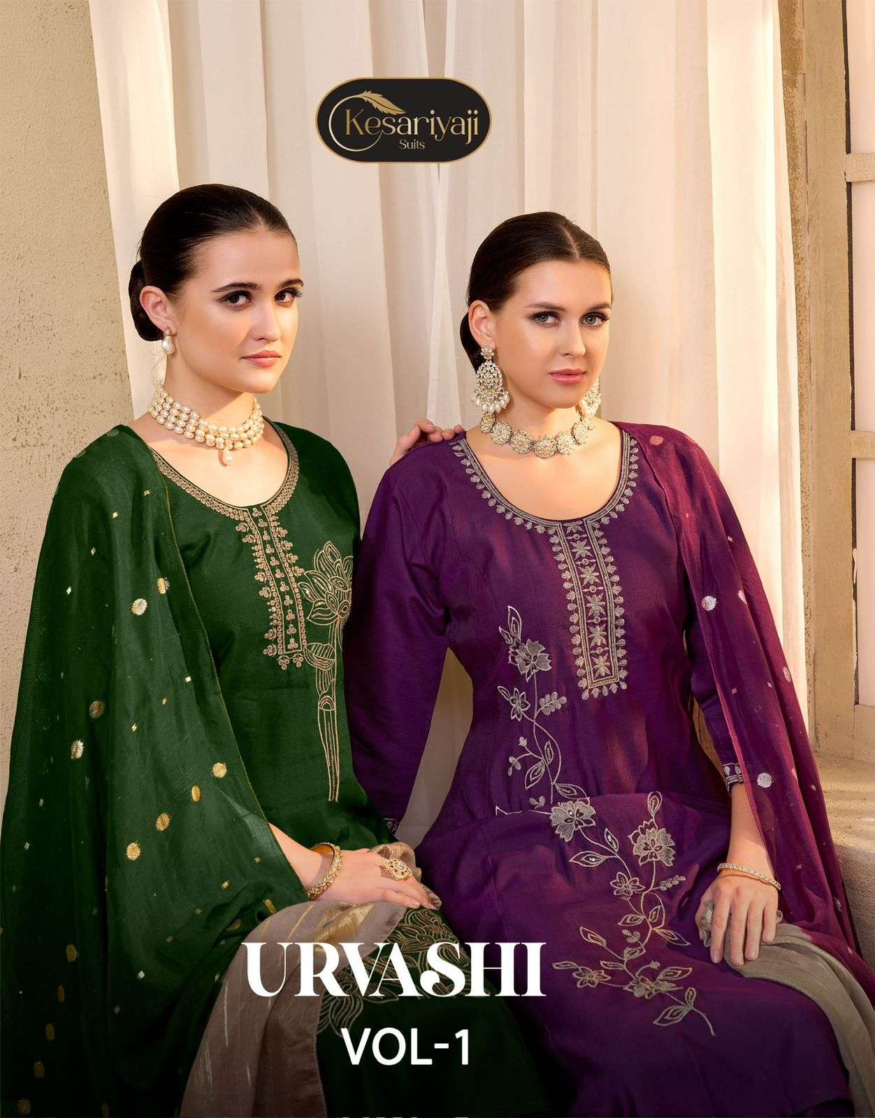 KESARIYA URVASHI VOL-1 1001 TO 1006 SERIES ROMAN SILK EMBROIDERY ANARKALI SUIT SET-00140