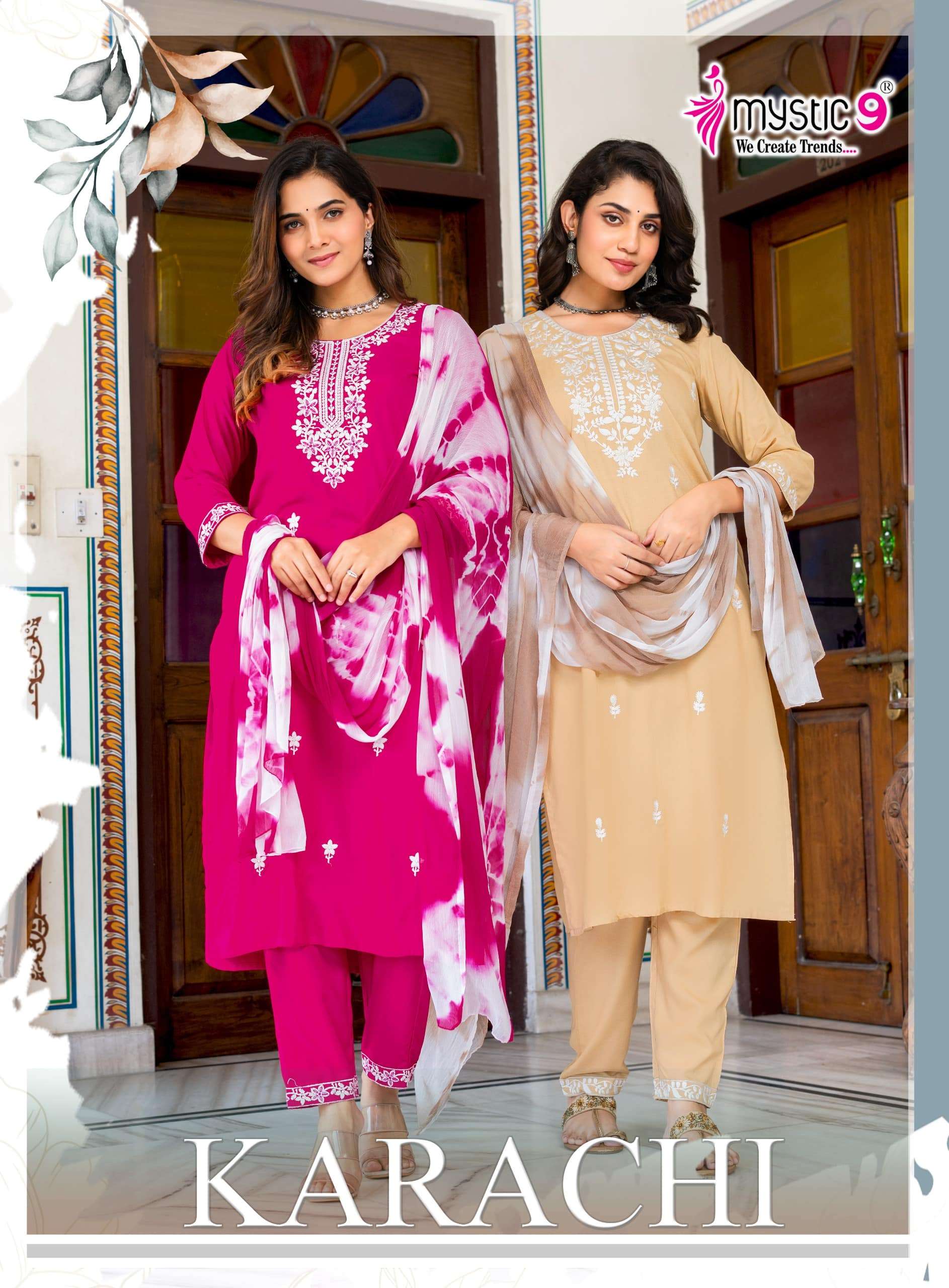 MYSTIC9 KARACHI VOL-9 9001 TO 9008 SERIES RAYON EMBROIDERY DRESSES-00140