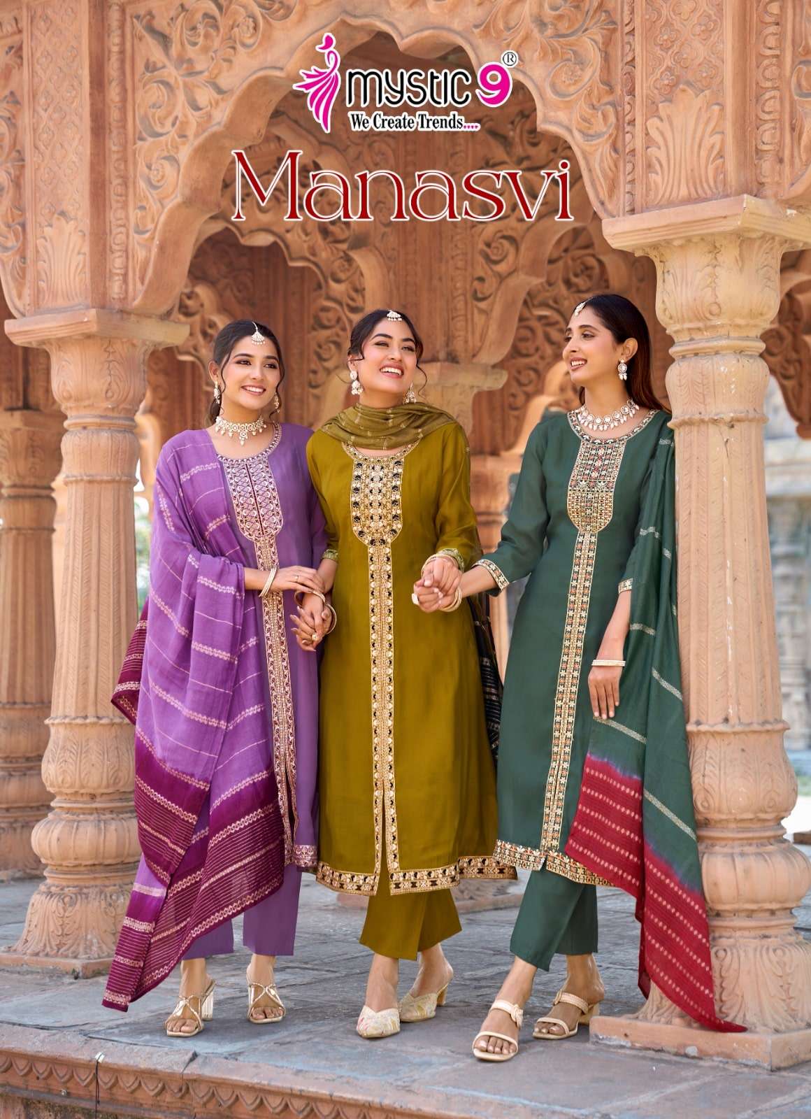 MYSTIC9 MANASVI 1001 TO 1008 SERIES MAL CHANDERI EMRBOIDERY STITCHED DRESSES-00140