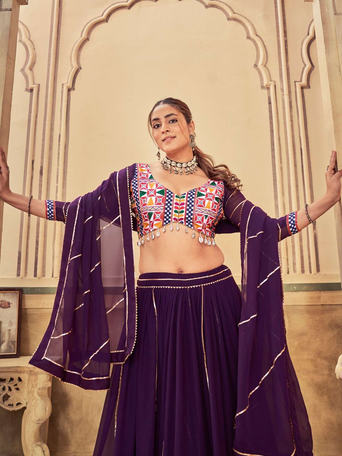 NAVRANG BY ASLIWHOLESALE GEORGETTE EMBROIDERY THREAD WORK AND MIRROR WORK LEHENGAS-00265