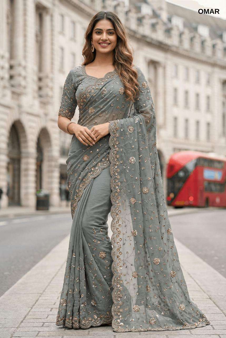 OMAR BY ASLIWHOLESALE MOSS SEQUNCE WORK SAREES-00103