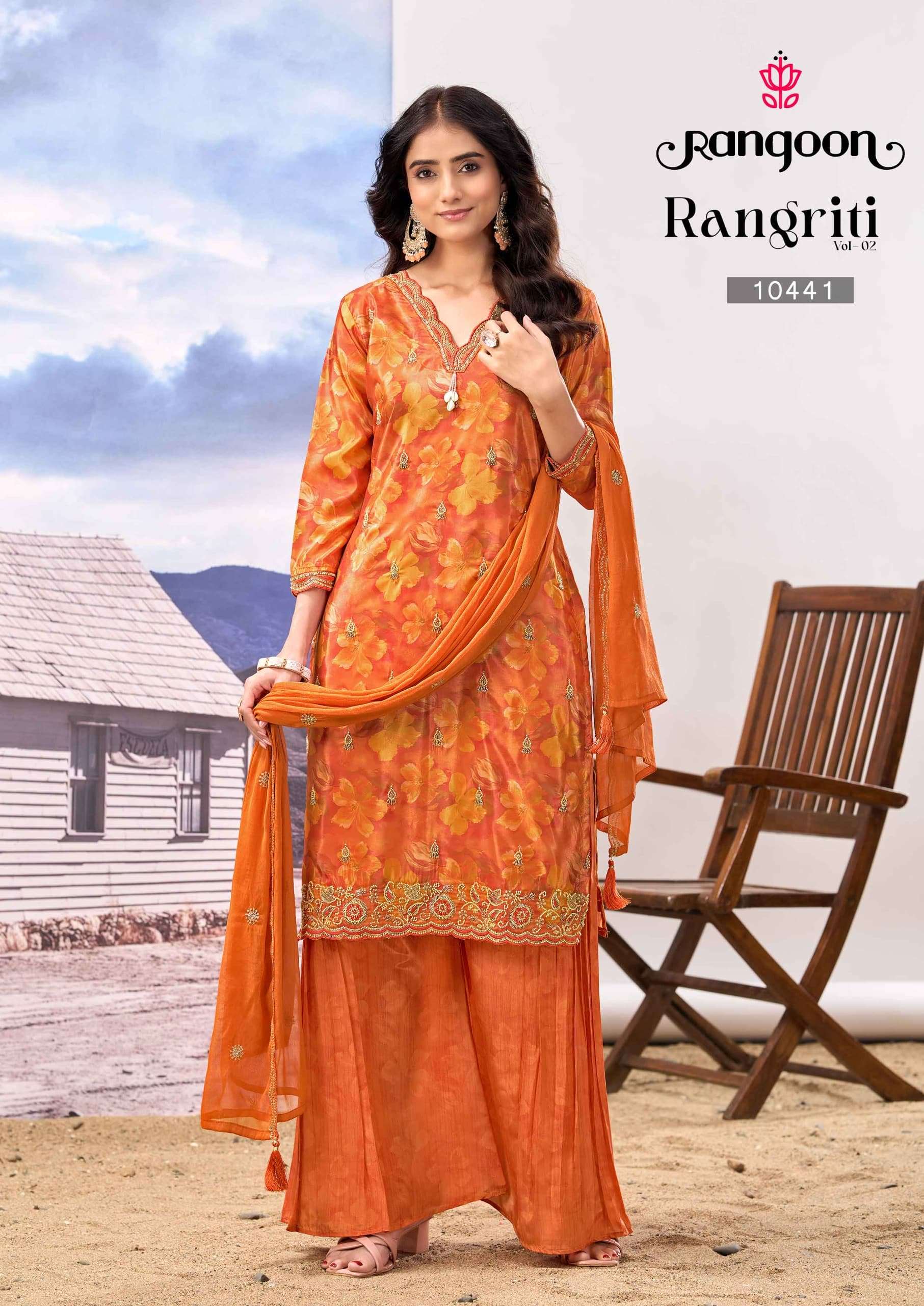 RANGOON RANGRITI 10441 TO 10444 SERIES ORGANZA PRINTED STITCHED SUIT SET-00028