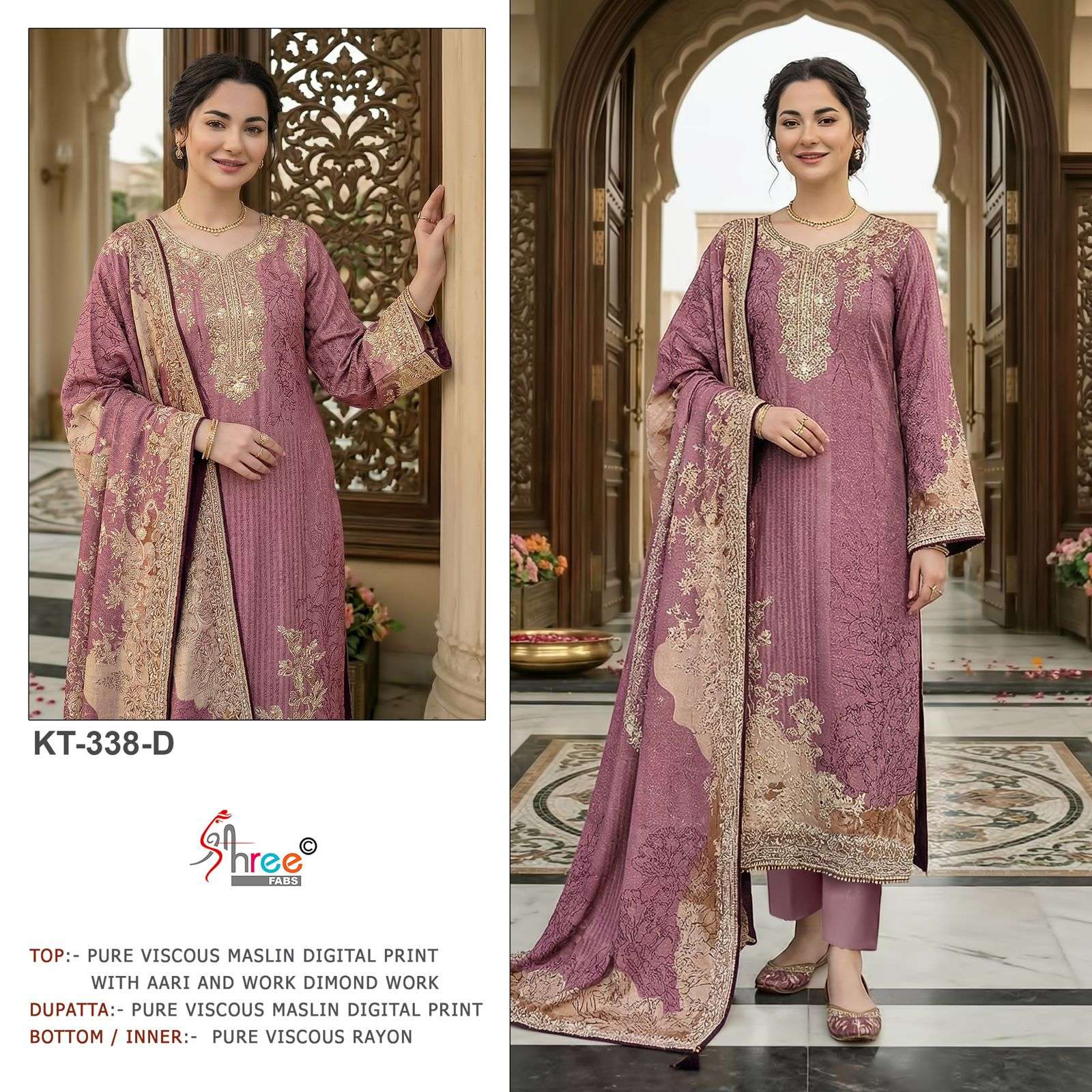 SHREE FAB KT-338 A TO D SERIES VISCOSE MUSLIN EMBROIDERY PAKISTANI SUIT SET-00071