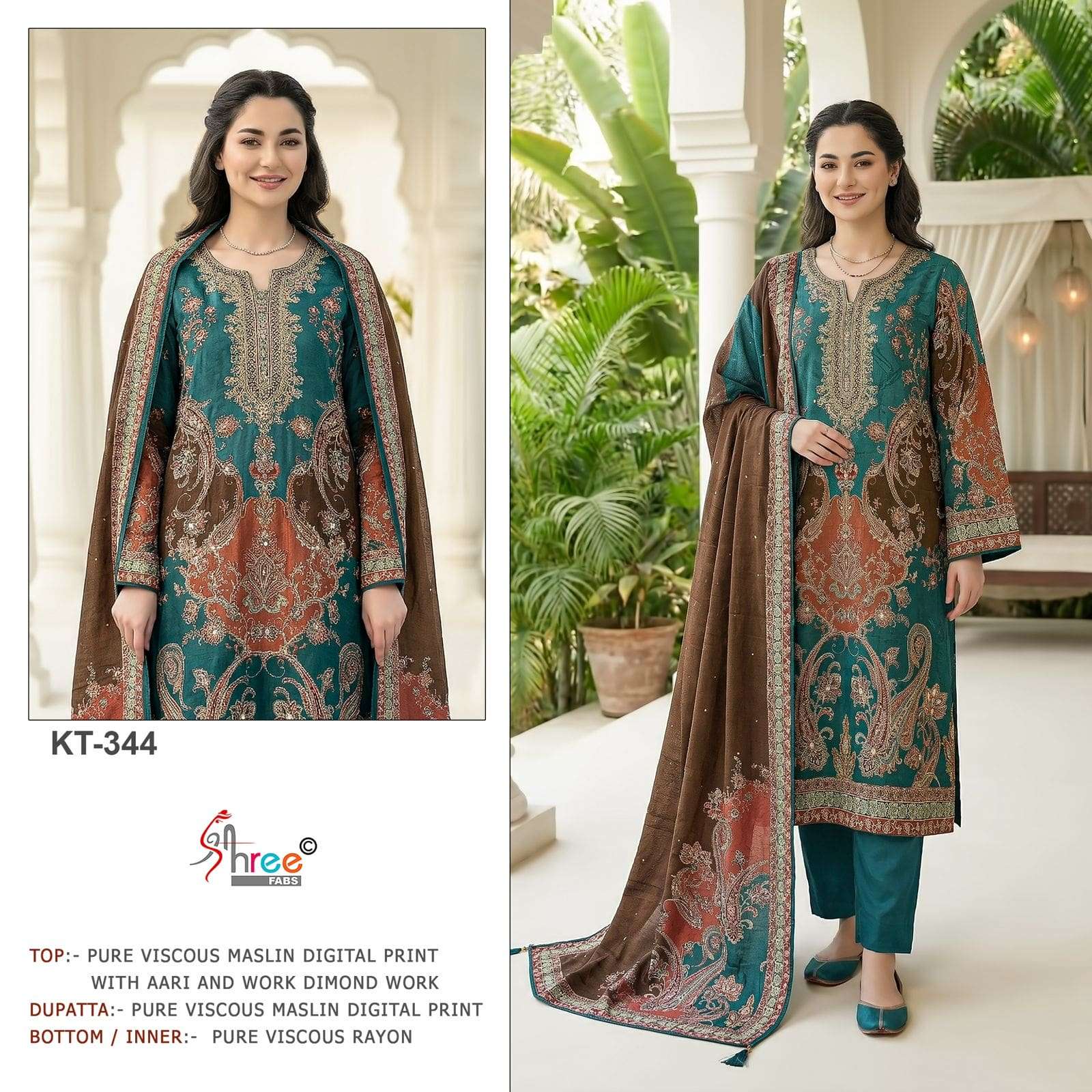 SHREE FAB KT-344 A TO B SERIES VISCOSE MUSLIN EMBROIDERY PAKISTANI SUIT SET-00011