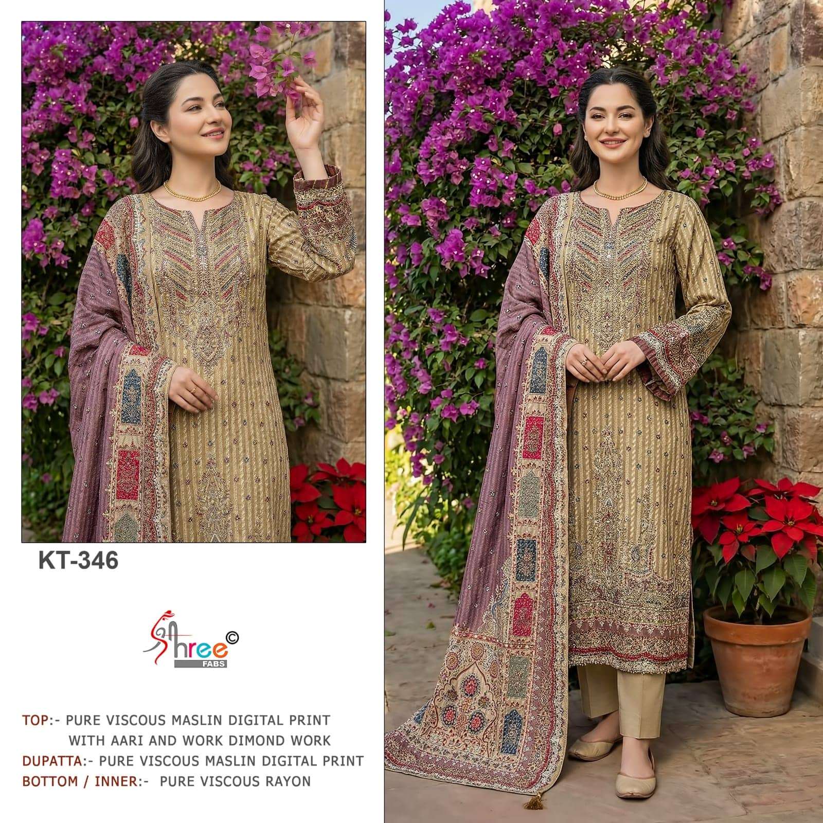 SHREE FAB KT-346 A TO C SERIES VISCOSE MUSLIN EMBROIDERY PAKISTANI SUIT-00071