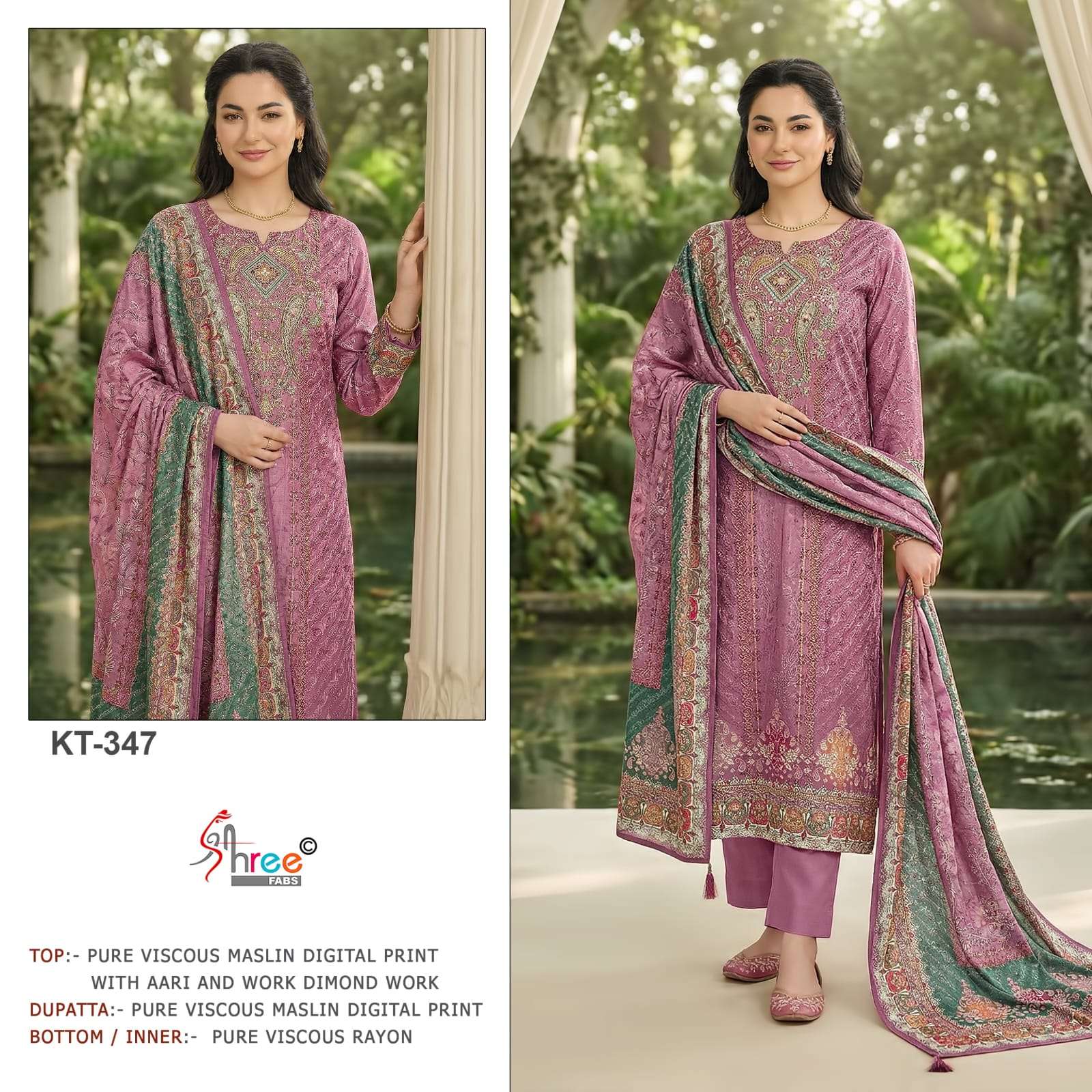 SHREE FAB KT-347 A TO D SERIES VISCOSE MUSLIN EMBROIDERY PAKISTANI SUIT SET-00201