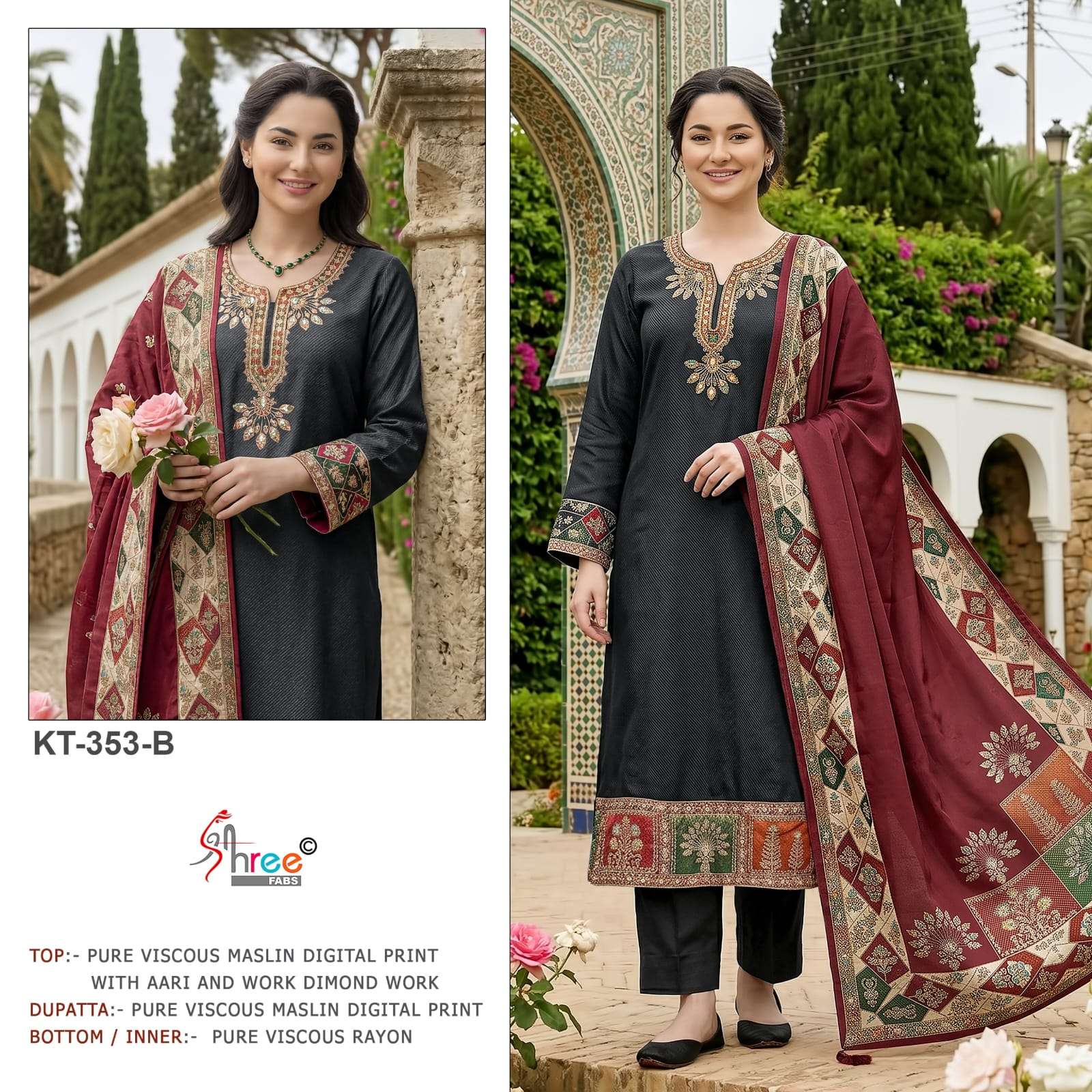 SHREE FAB KT-353 A TO B SERIES VISCOSE MUSLIN EMBROIDERY PAKISTANI SUIT-00011