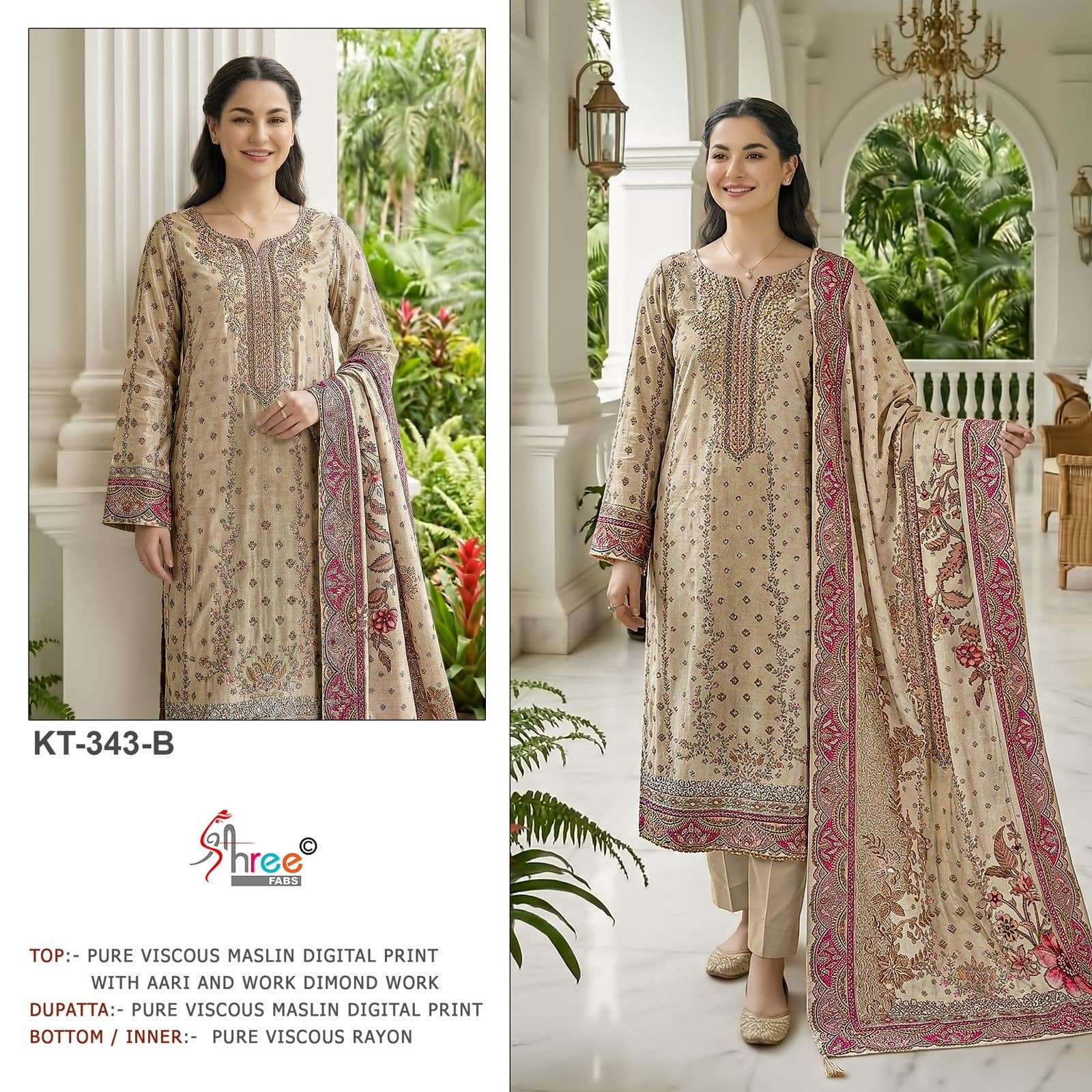 SHREE FAB KT-343 A TO B SERIES VISCOSE MUSLIN PAKISTANI EMBROIDERY DRESSES-00071