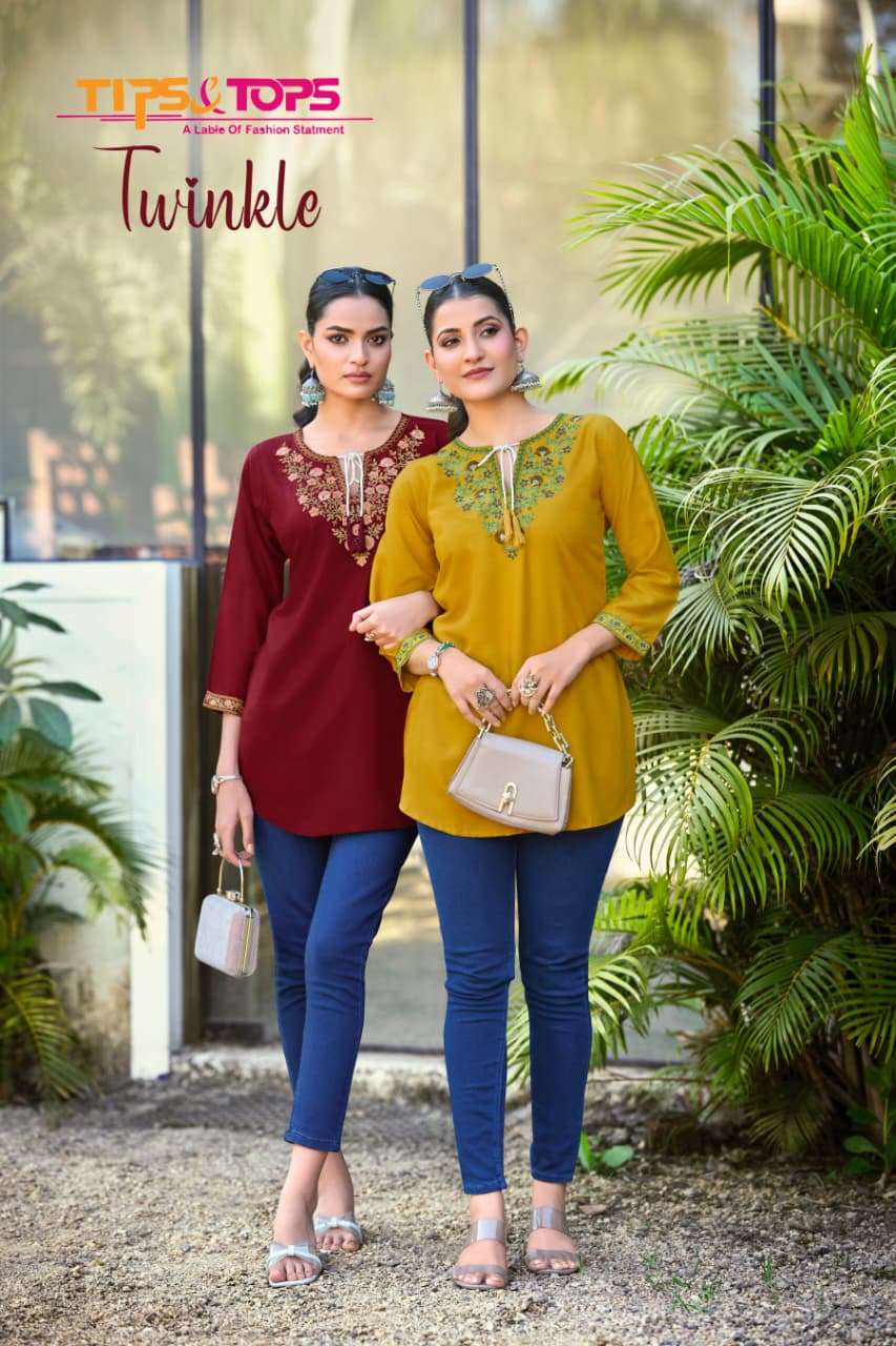 TIPS &TOPS TWINKLE 1001 TO 1006 SERIES  RAYON PRINTED EMBROIDERY KURTI SET-00014