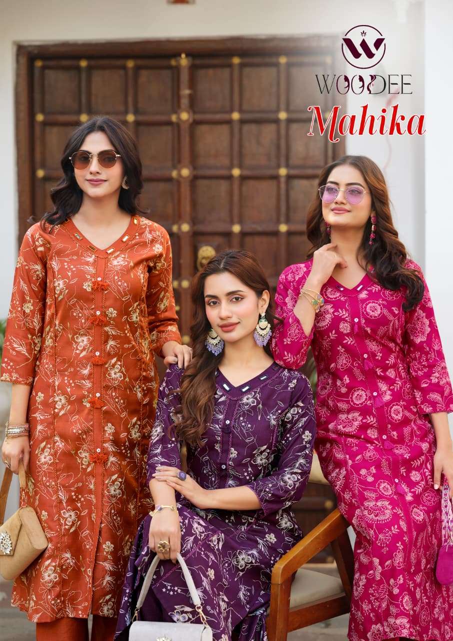WOODEE MAHIKA 1001 TO 1006 SERIES VISCOSE VATICAN PRINTED STITCHED KURTIS SET-00014