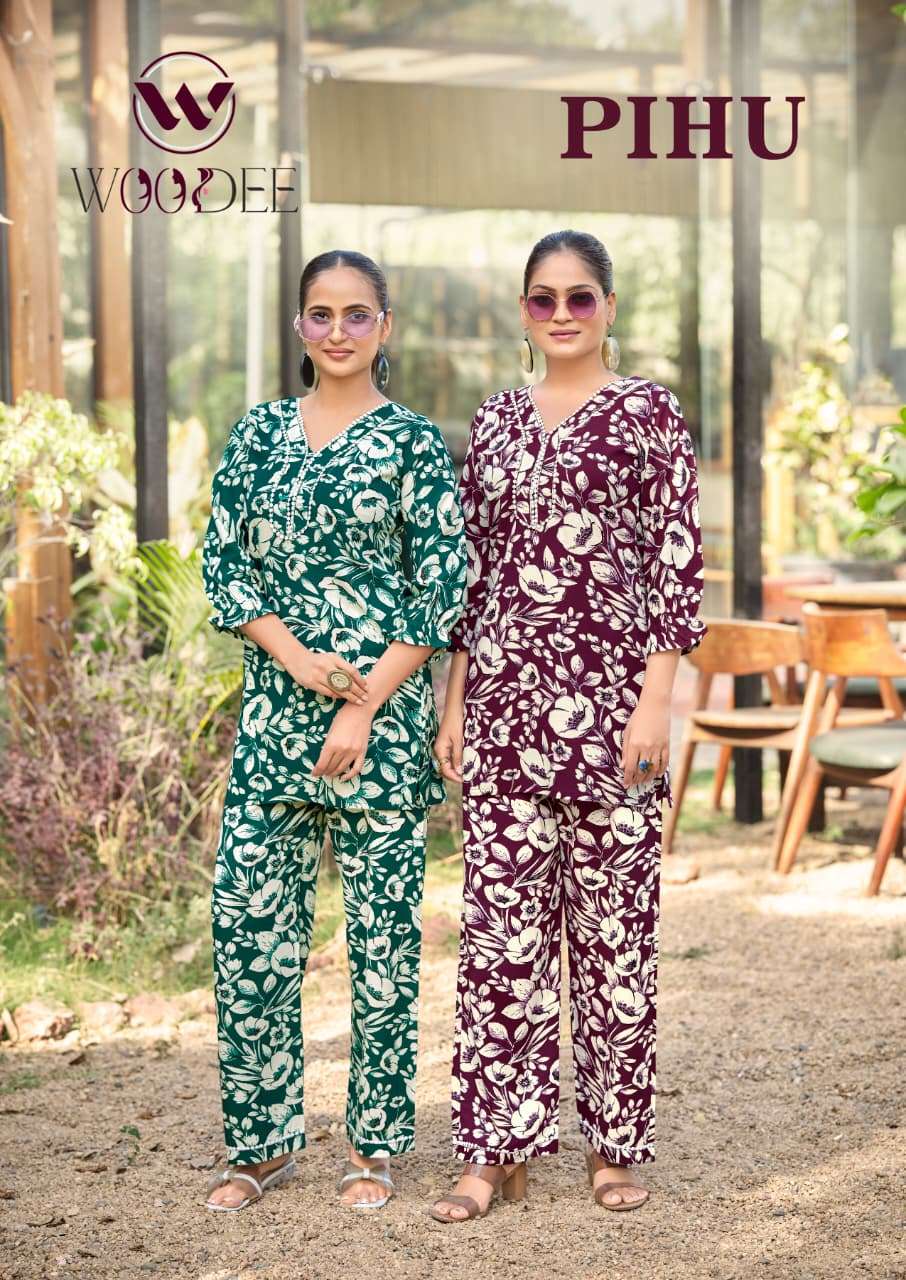 WOODEE PIHU 1001 TO 1006 SERIES RAYON PRINTED CO- ORD SET -00140