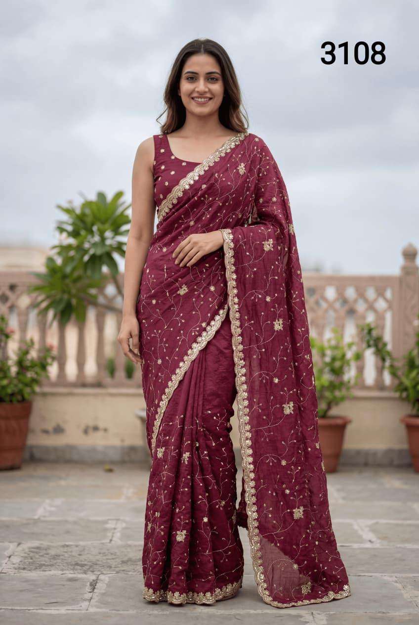 3108 COLOUR BY ASLIWHOLESALE CRUSH ZARI EMBROIDERY WORK SAREES - 00103