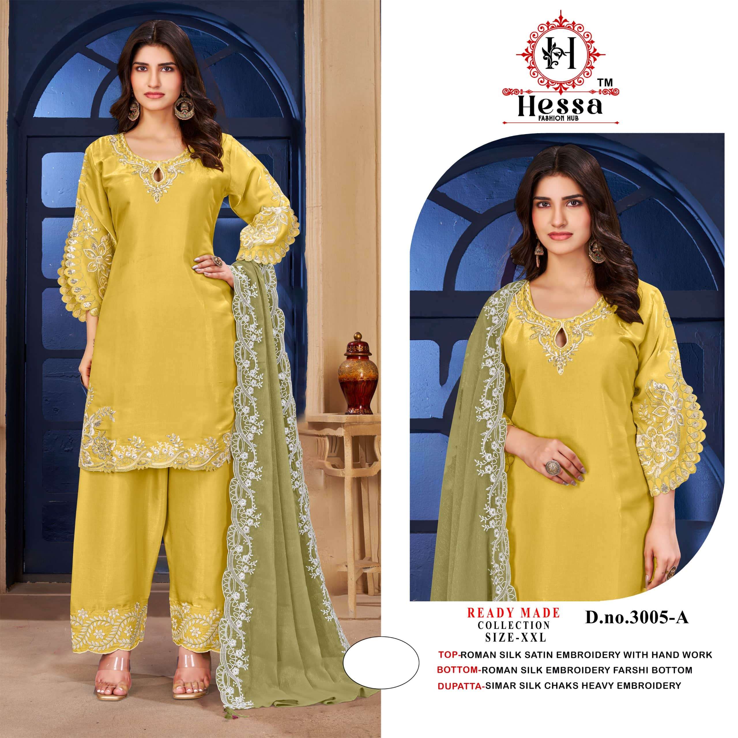 HESSA 3005 A TO D SERIES ROMAN SATIN EMBROIDERY STITCHED PAKISTANI SUIT SET-00310