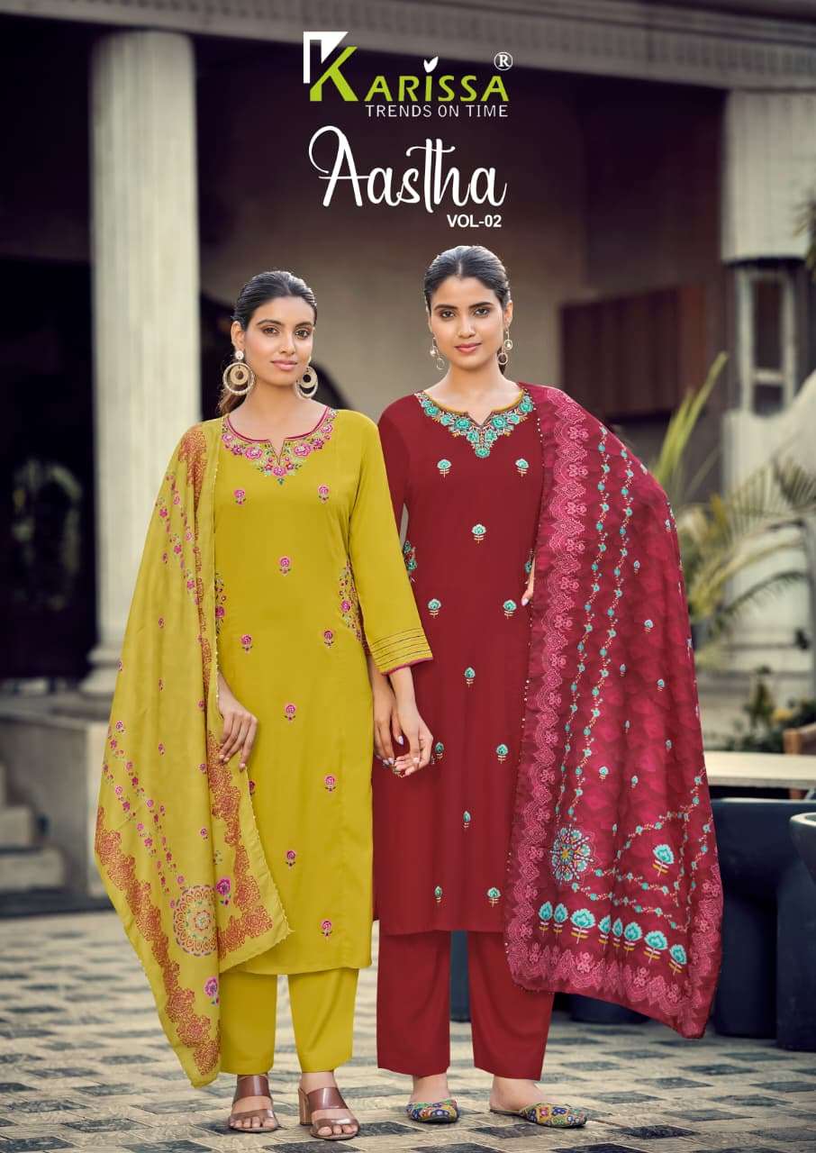 KARISSA AASTHA VOL-2 1001 TO 1004 SERIES RAYON EMBOIDERY STITCHED DRESSES-00014